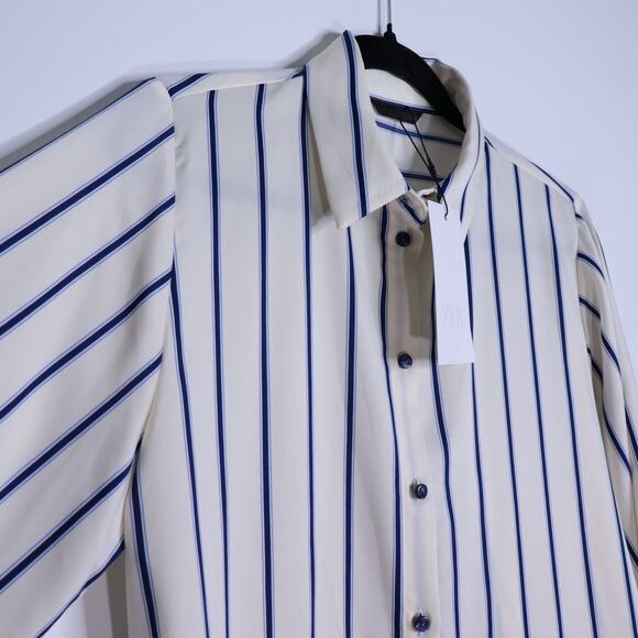 ZARA NWT Wide Sleeve Striped Blouse Blue Ivory Button Up Pinstripe Women's S - Picture 9 of 12